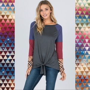 Triple color block sleeved tie front top